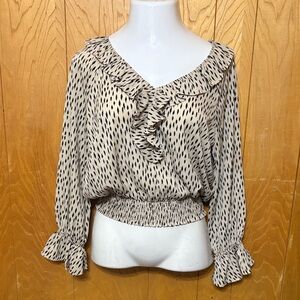 Glam Cream and Black Patterned Ruffle Blouse